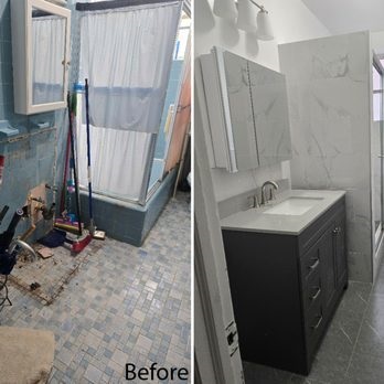 Before and after bathroom remodeling photo showing old light blue tiled bathroom upgraded to marble-pattern wall tiles and a dark vanity.