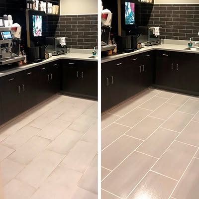 Commercial handyman service Singapore installing new flooring and cabinets in a corporate office pantry area.