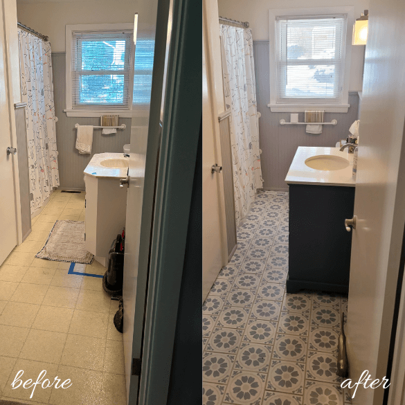 Before and after bathroom remodeling photo showing vinyl floor replacing beige tiles and a new dark blue vanity installed.