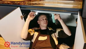 Plumber lying inside a kitchen cabinet repairing under-sink pipe leak with a wrench in Singapore.