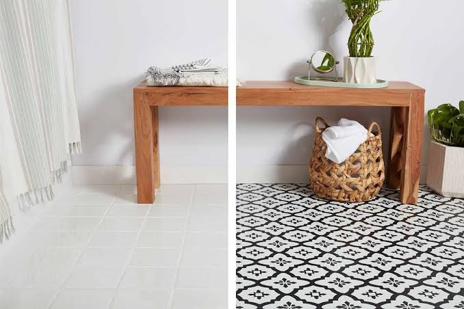 Before and after floor transformation showing plain white floor tile updated with patterned black-and-white decorative floor tiles beneath a wooden bench.