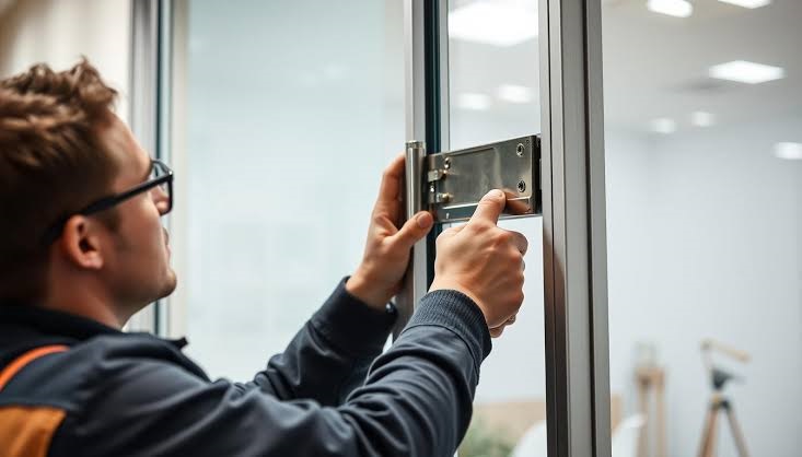 Professional locksmith installing and adjusting a heavy-duty lock latch mechanism on a aluminum glass door frame in Singapore.