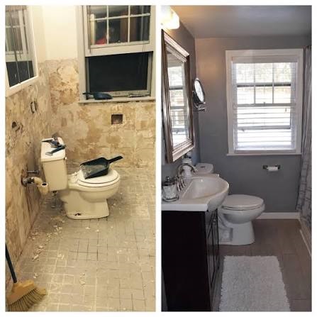 Before and after bathroom overhaul showing unfinished wall demolition transformed into a modern grey bathroom with a new vanity and toilet.