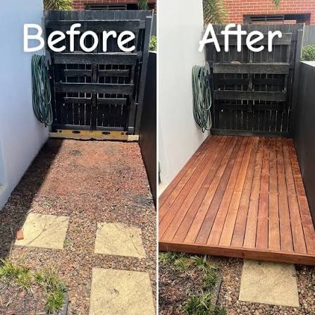 Before and after outdoor patio makeover showing uneven gravel path transformed into a newly installed timber wooden deck in Singapore.