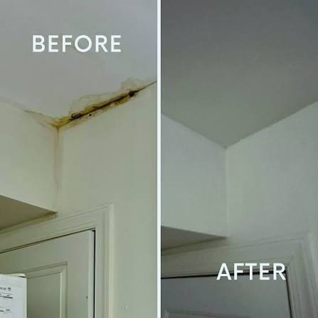 Before and after comparison of ceiling water damage repair showing damaged drywall fixed and repainted smooth.