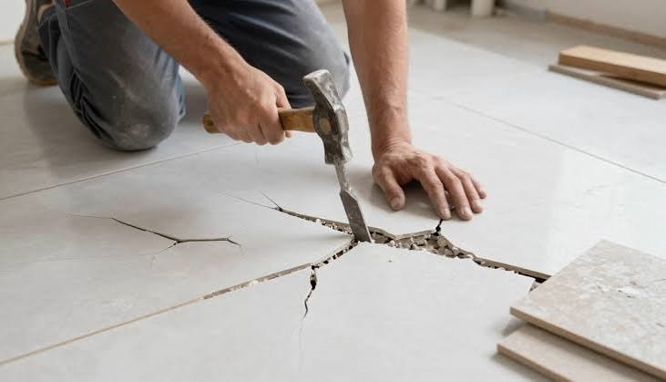 Workman using a hammer and chisel to remove damaged floor tiles during floor repair.