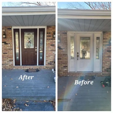 Before and after comparison of a front entrance door replacement showing an old white door swapped for a dark wood-finish door with glass panels.